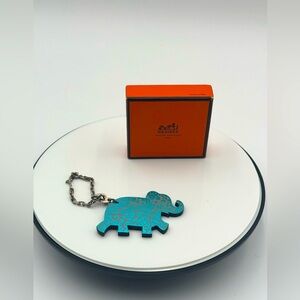 HERMES Charm Animal Motif Elephant Blue Gray Leather 925 Silver Bag Chain